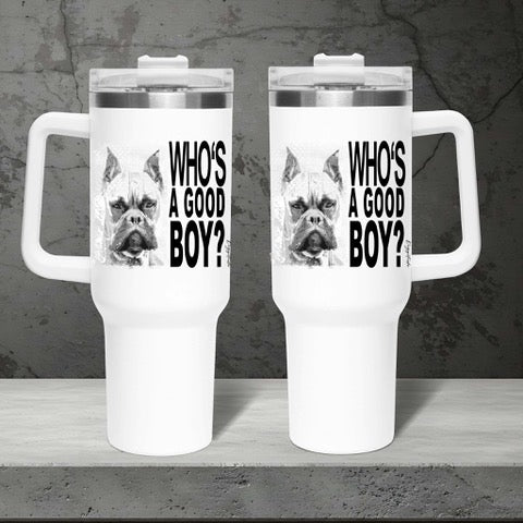 Funny Dog Travel Mug – “Who’s A Good Boy?” Coffee Cup Gift