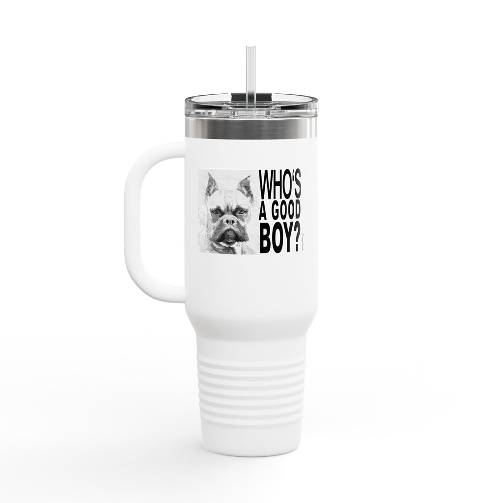 Funny Dog Travel Mug – “Who’s A Good Boy?” Coffee Cup Gift