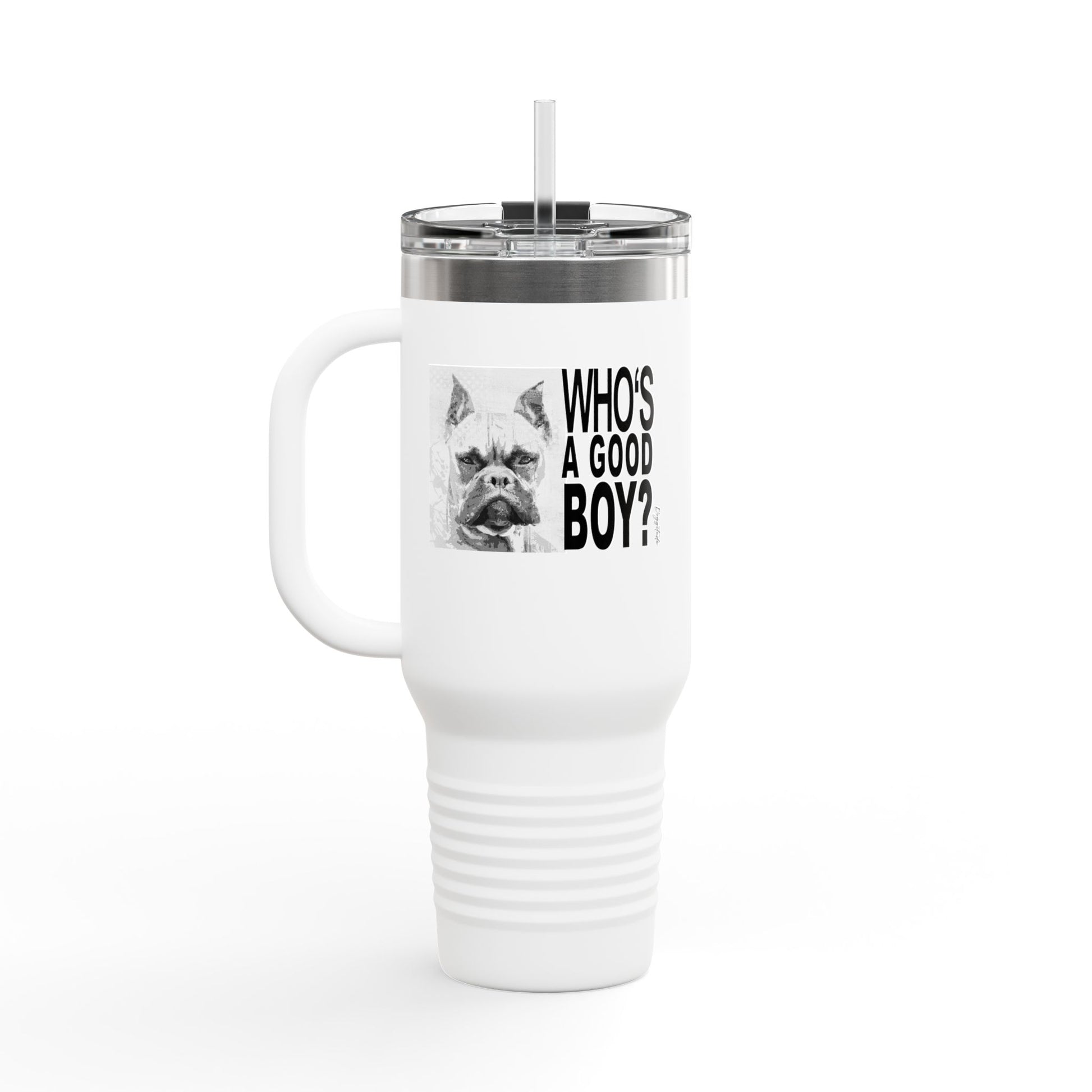 Funny Dog Travel Mug – “Who’s A Good Boy?” Coffee Cup Gift